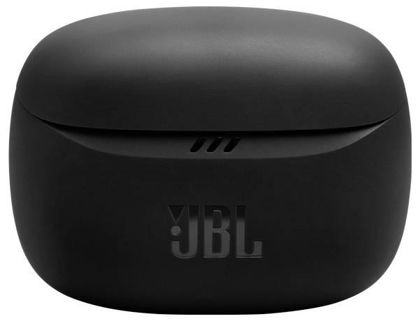 Eine schwarze JBL-Ohrhörer-Ladeschale, geschlossen, mit dem JBL-Logo auf der Vorderseite, vor einem schlichten weißen Hintergrund.