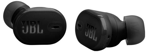 Schwarze JBL-kabellose Ohrhörer, die aus verschiedenen Blickwinkeln gezeigt werden und das kompakte Design sowie das Markenlogo hervorheben.