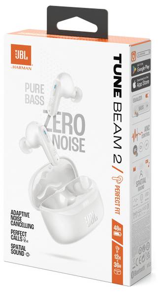 JBL Tune Beam 2 In Ear Kopfhörer Kabellos, Bluetooth® Stereo Weiß Noise Cancelling, Mikrofon-Rauschunterdrückung Ladecase, Touch-Steuerung, Wasse
