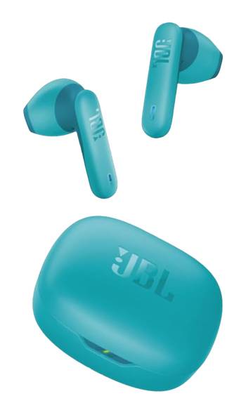 Türkisfarbene JBL kabellose Ohrhörer und Etui, mit sichtbarem JBL-Branding, vor einem einfarbigen weißen Hintergrund.