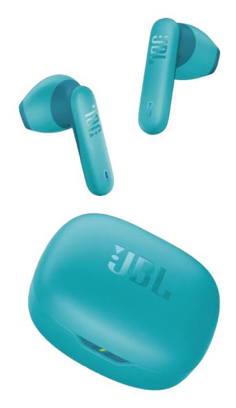 Türkise JBL-Ohrhörer mit Ladegehäuse, die die Ohrhörer mit 'L'- und 'R'-Beschriftungen sowie dem JBL-Logo auf dem Deckel des Gehäuses zeigen.