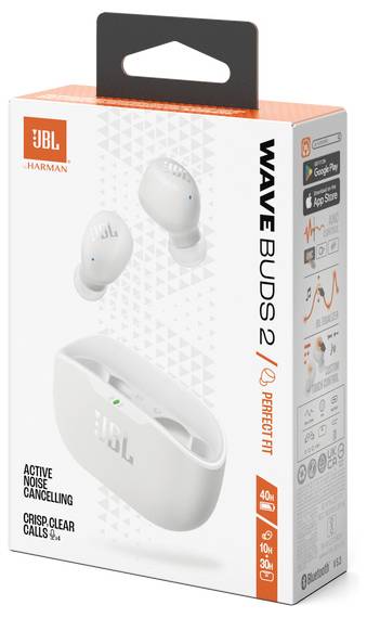 JBL Wave Buds 2 In Ear Kopfhörer Kabellos, Bluetooth® Stereo Weiß Noise Cancelling, Mikrofon-Rauschunterdrückung Ladecase, Wasserbeständig Handy