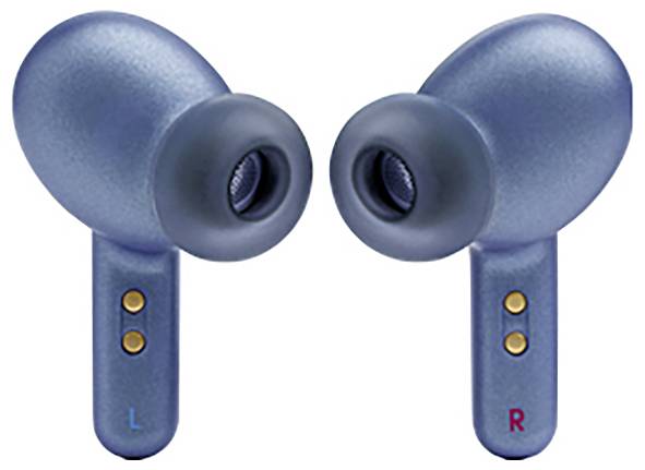 Blaue kabellose Ohrhörer mit 'L'- und 'R'-Markierungen, die die linke und rechte Ohrorientierung anzeigen, mit goldenen Kontaktpunkten zum Aufladen.
