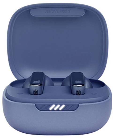 Blaue drahtlose Ohrhörer in einem offenen Ladeetui mit LED-Anzeigen.