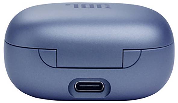 Eine blaue Earbud-Ladehülle mit einem USB-C-Anschluss an der Vorderseite.