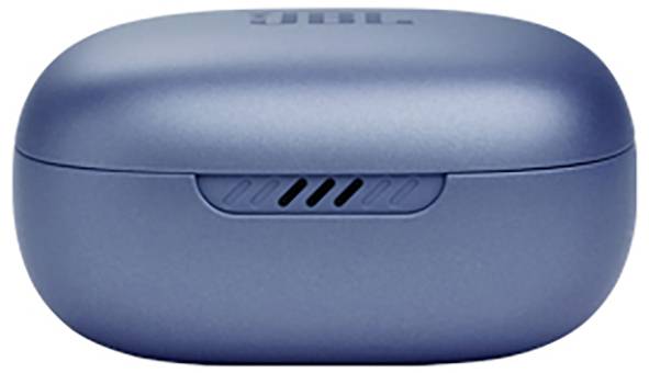 Geschlossenes blaues drahtloses Ohrhörer-Ladeetui mit glatter, ovaler Form, versehen mit einer vorderen Belüftungsöffnung und einem dezenten Markenlogo auf dem Deckel.