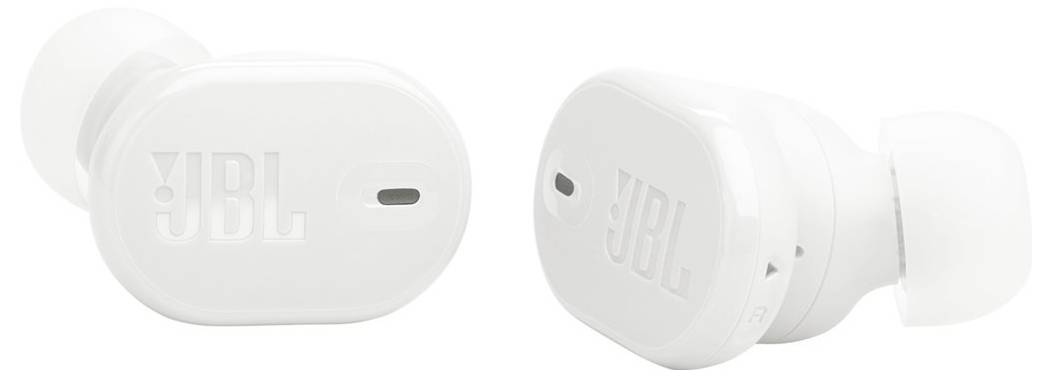 Weiße JBL kabellose Ohrhörer, die Seiten- und Frontansicht zeigen.