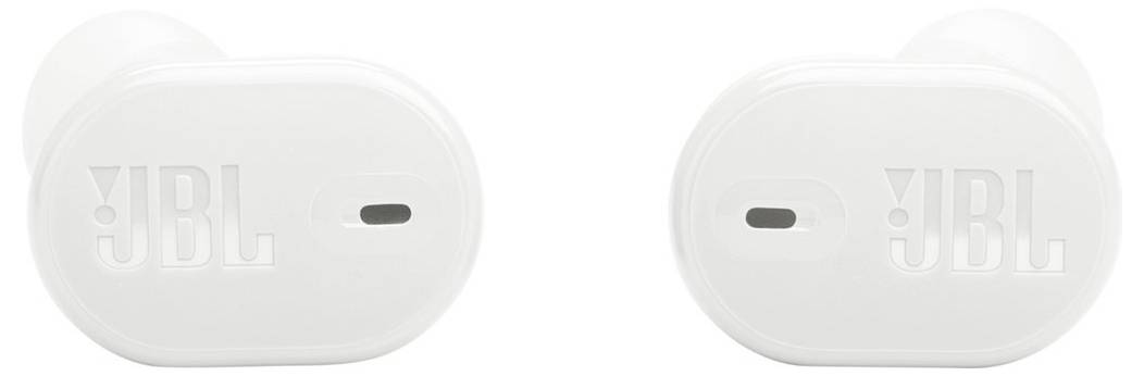 Weiße JBL-Wireless-Ohrhörer mit rechteckiger Form, auf deren Oberfläche das JBL-Logo zu sehen ist.