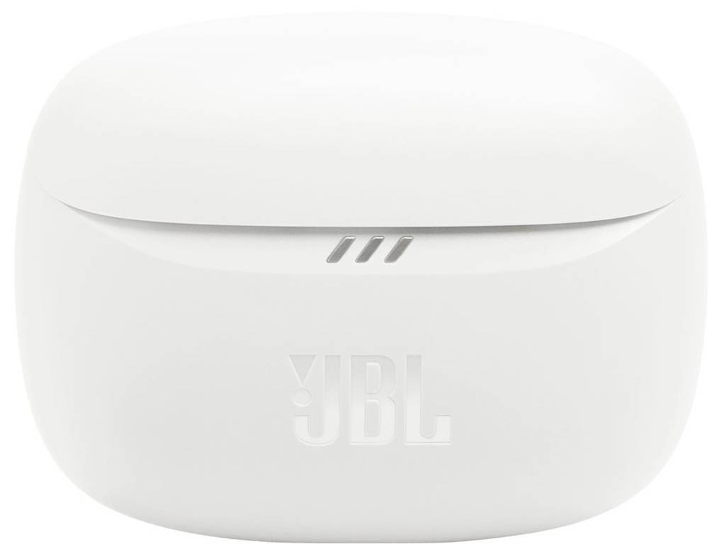 Weiße Ladehülle für In-Ear-Kopfhörer mit JBL-Logo auf der Vorderseite, geschlossener Deckel.