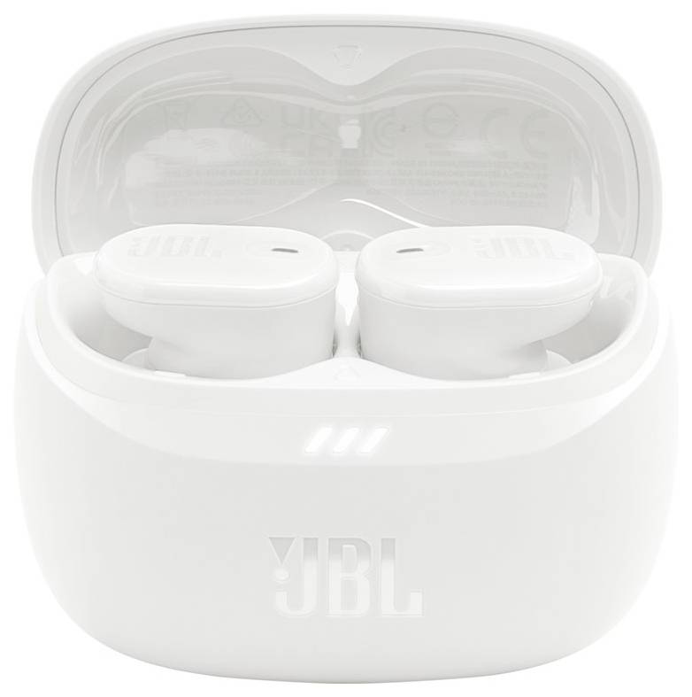 Weiße kabellose Kopfhörer in einer geöffneten Ladehülle mit JBL-Logo auf der Vorderseite.