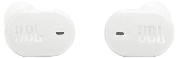 Ein weißes drahtloses Ohrhörerpaar mit 'JBL' Logo auf jedem Stück; minimalistisches Design.