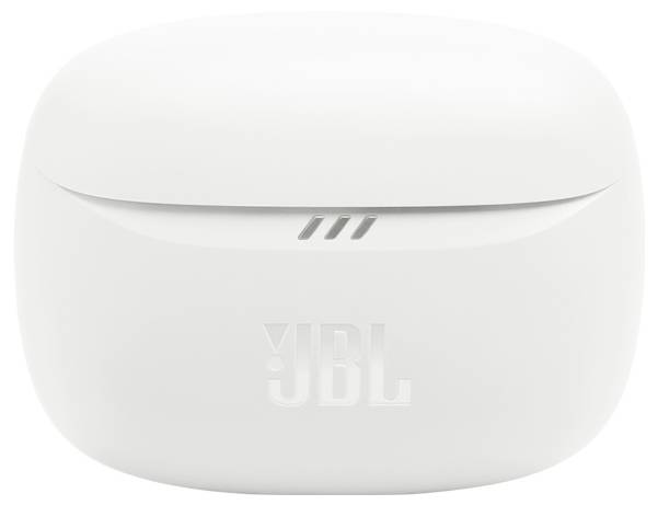 Weißes JBL-Ohrhörer-Ladeetui mit glatter, abgerundeter Gestaltung, auf dessen Vorderseite das JBL-Logo prominent hervorgehoben ist.