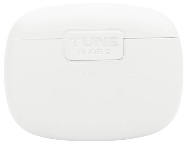 White Tune Buds 2 Etui mit geprägtem Logo auf der Vorderseite.