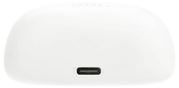 Ein weißes, abgerundetes Gehäuse mit einem USB-C-Ladeanschluss, der mittig an der Unterseite positioniert ist.