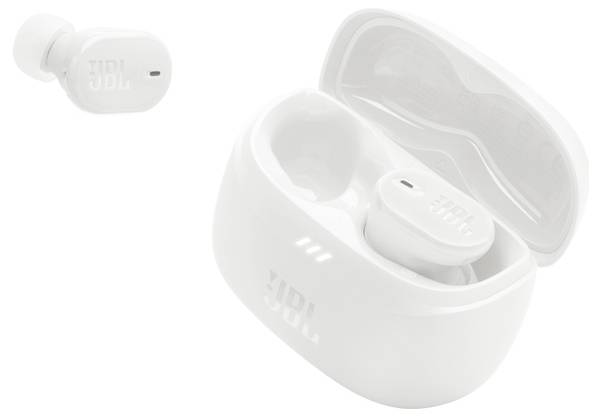 Weiße kabellose Kopfhörer mit einem passenden Ladeetui, leicht geöffnet, wobei das Logo der Marke sowohl auf dem Etui als auch auf einem Kopfhörer zu sehen ist.