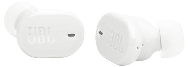 Zwei weiße kabellose Kopfhörer mit dem Markenlogo, die ein schlankes und kompaktes Design für persönliches Audioerleben präsentieren.