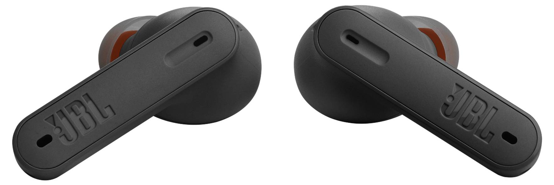 Schwarze JBL-Wireless-Ohrhörer mit länglichen Stielen, die ein schlankes Design präsentieren.