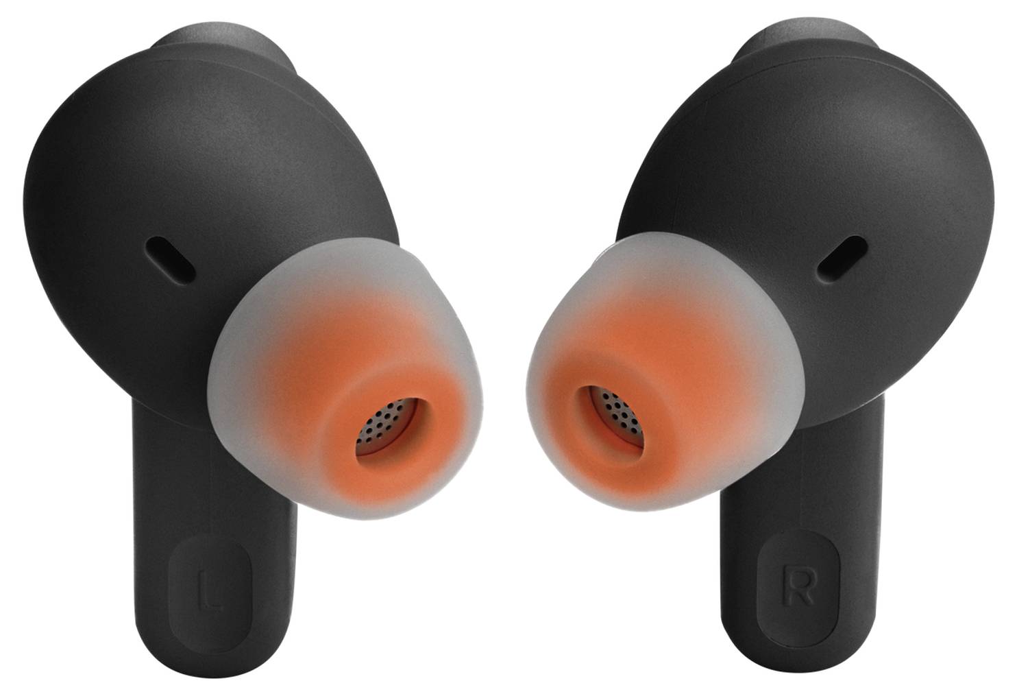 Schwarze kabellose Ohrhörer mit orangefarbenen Spitzen, mit 'L' und 'R' beschriftet, nach vorne gerichtet.