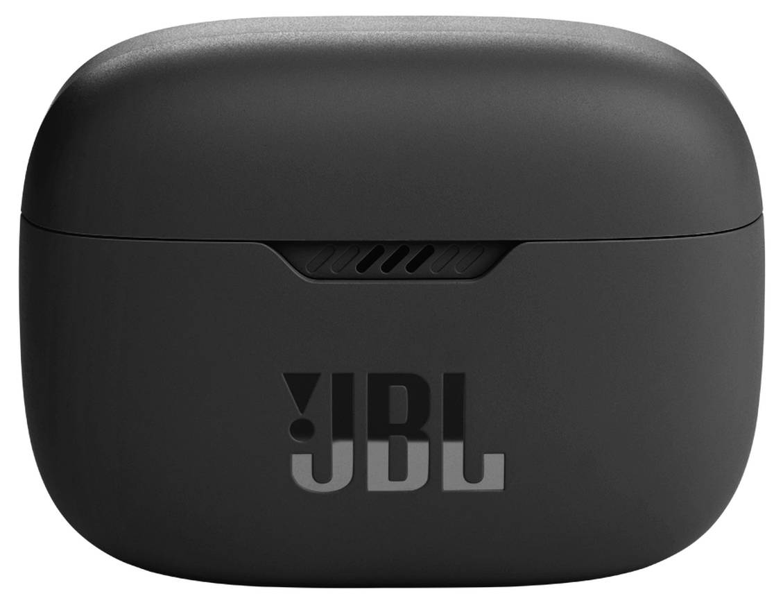 Schwarze JBL-Ohrhörer-Ladeschachtel, von vorne gezeigt, mit sichtbarem JBL-Logo.
