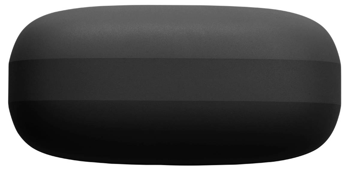 Ein schwarzes ovales Gehäuse, von der Seite betrachtet, mit glatter, matter Oberfläche und abgerundeten Kanten.