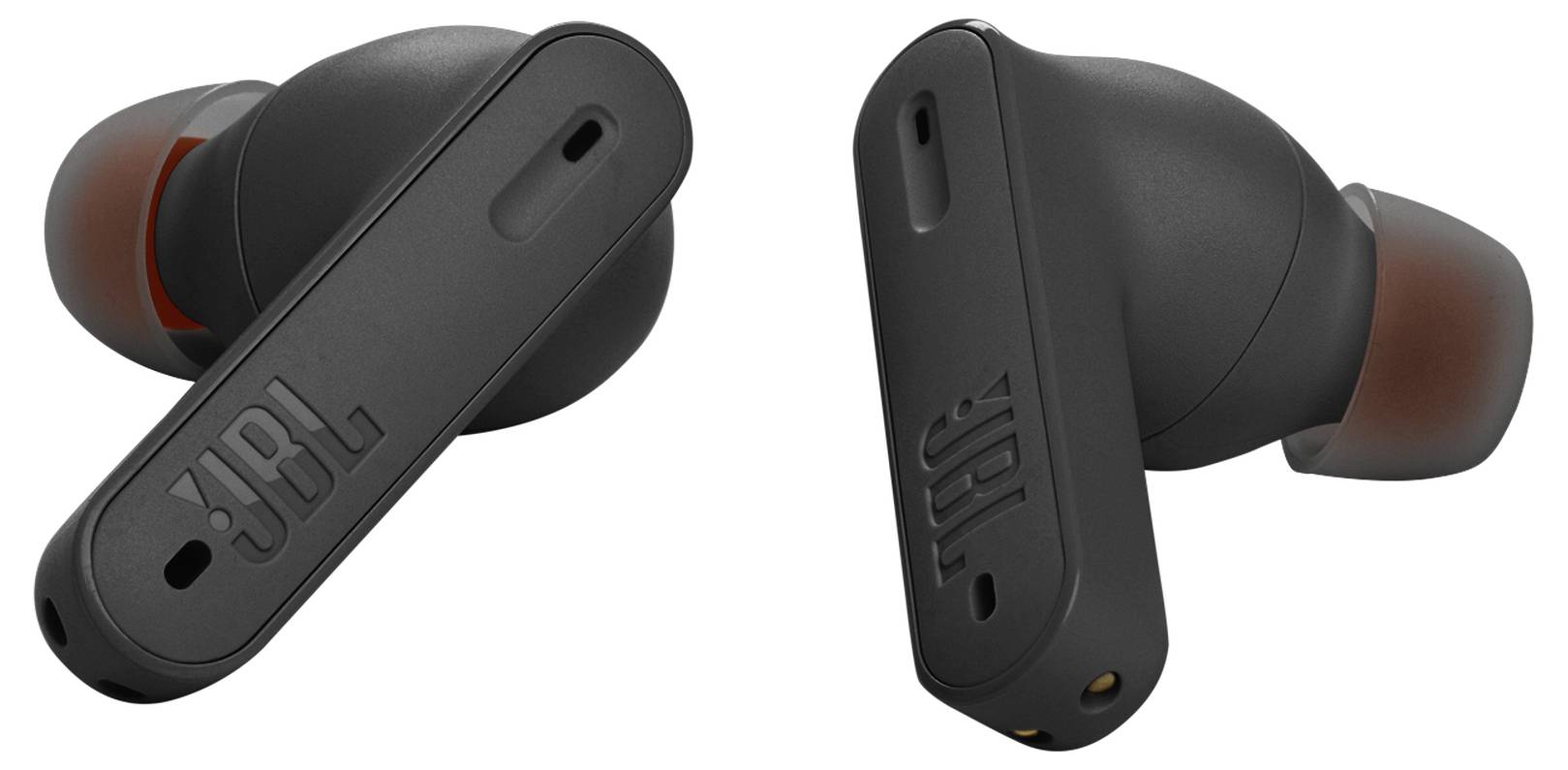 Zwei schwarze kabellose Ohrhörer mit rot gefärbten Ohreinsätzen, auf denen das 'JBL' Logo an der Seite zu sehen ist, aus verschiedenen Blickwinkeln dargestellt.