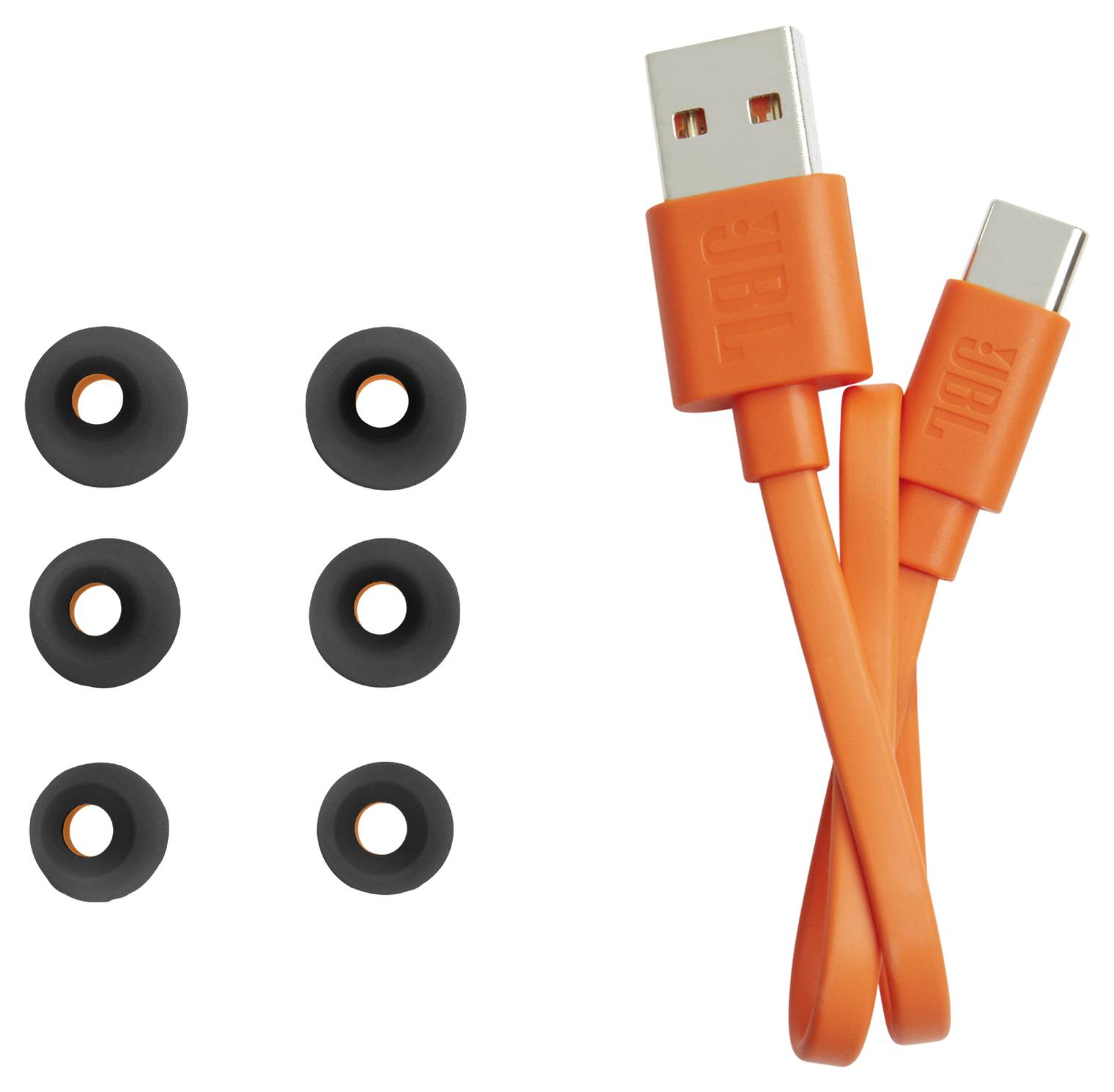 Ein orangefarbenes USB-C-zu-USB-A-Kabel und sechs schwarze Kabelorganisatoren werden gezeigt.