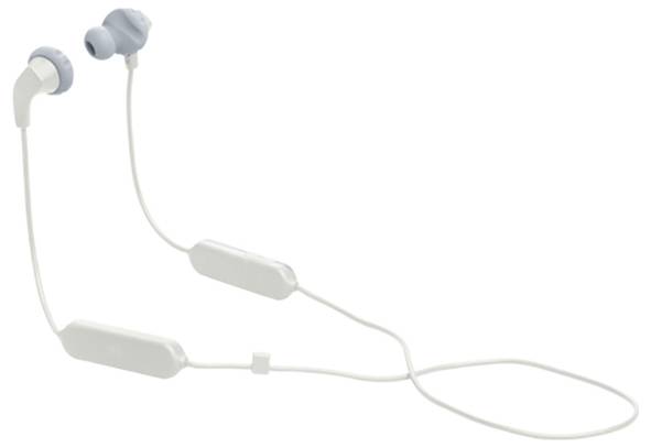 Weiße kabellose Ohrhörer mit blauen Ohrstöpseln, die durch ein Kabel verbunden sind und Inline-Bedienelemente aufweisen.