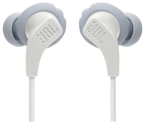 Weiße JBL-Ohrhörer mit grauen Ohreinsätzen, ausgestattet mit einem ergonomischen Design und einem verhedderungsfreien Kabel, nebeneinander positioniert.