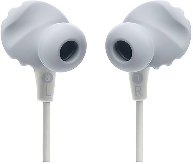 Graue Silikon-In-Ear-Kopfhörer mit charakteristischen Ohrstöpseln, die mit ‚L' und ‚R' für linke bzw. rechte Seite gekennzeichnet sind.