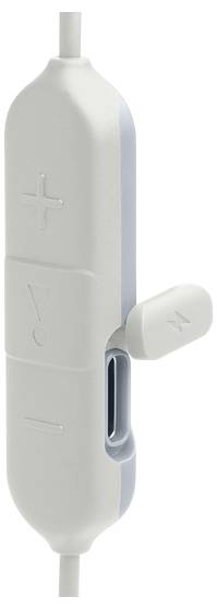 Nahaufnahme eines weißen und hellblauen Inline-Headset-Fernbedienung mit Lautstärkereglern und einem Schieberegler zum Stummschalten des Tons.