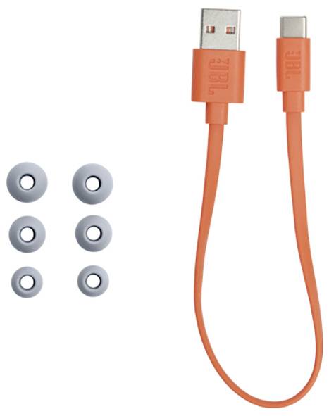 Ein orangefarbenes USB-Kabel mit JBL-Branding und sechs grauen Ohrhörerspitzen, die in zwei Reihen angeordnet sind.