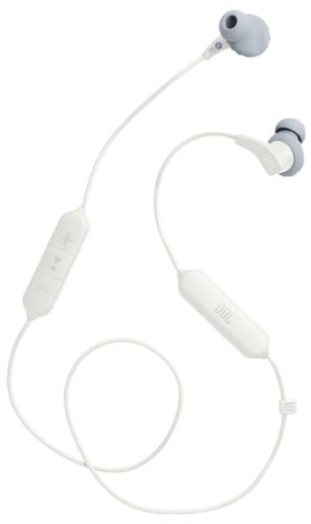 Kabellose In-Ear-Kopfhörer mit weißen Kabeln und blauen Ohrhörern, ausgestattet mit einer Inline-Fernbedienung mit Lautstärke- und Wiedergabetasten.