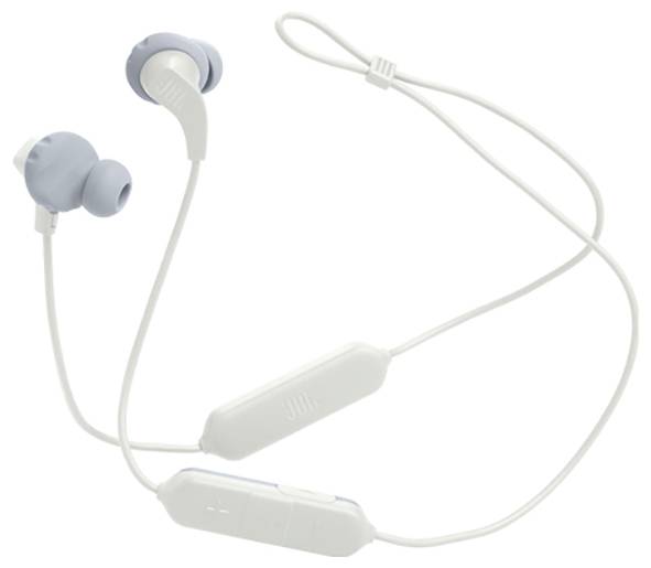 Ein Paar kabellose In-Ear-Kopfhörer in Weiß und Grau mit einer Inline-Fernbedienung und einem integrierten Mikrofon, entwickelt für Freisprechanrufe und Audiosteuerung.