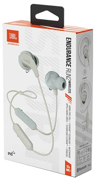 Schachtel der JBL Endurance Run 2 drahtlosen Kopfhörer in grau, ausgestattet mit IPX5-Wasserdichtigkeit und TwistLock-Technologie. Inklusive Ladekabel.