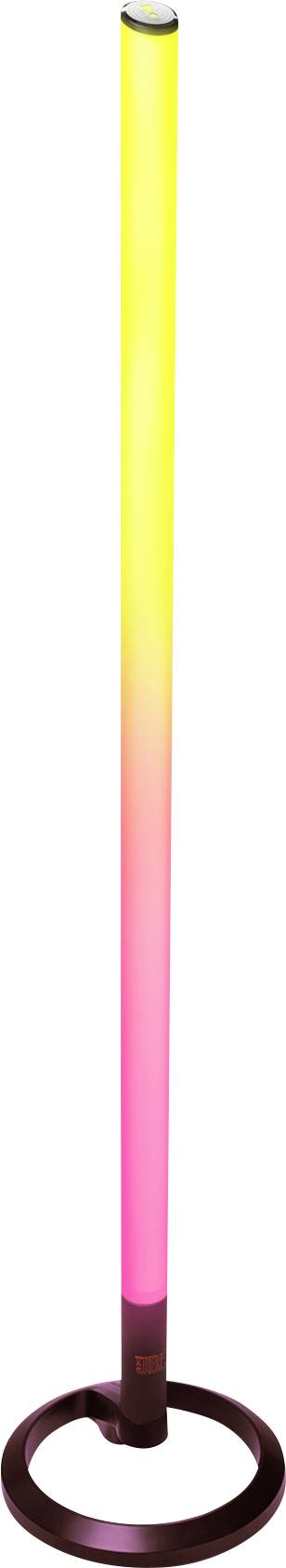 Eine schlanke Stehlampe mit einer kreisförmigen Basis verfügt über ein Farbverlichtlicht, das von Gelb oben zu Rosa unten übergeht.