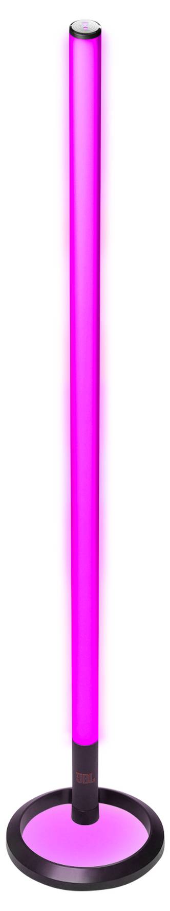 Eine hohe violette LED-Leuchtstab mit einer runden Basis, der hell leuchtet.