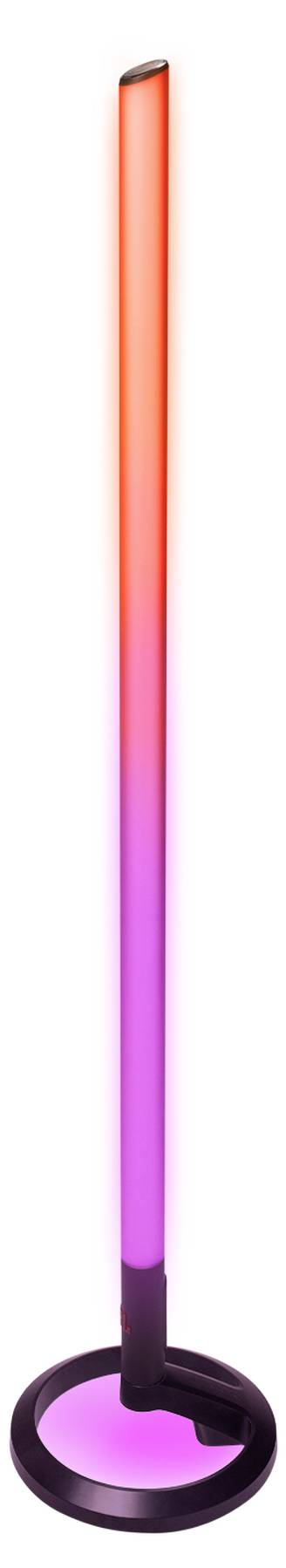 Eine vertikale LED-Stehlampe mit farbwechselnder Beleuchtung, die von Rot zu Rosa in Verlaufsfarben übergeht und auf einer runden Basis steht.