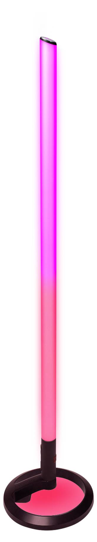 Eine hohe, schlanke LED-Stehlampe mit einem lebendigen Farbverlauf von Rosa und Lila, die auf einer schwarzen Rundbasis steht.