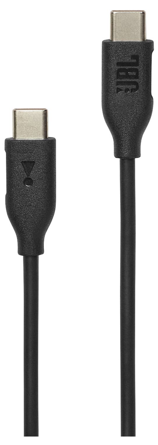 USB-C-Kabel mit schwarzen Anschlüssen, einer mit einem Ausrufezeichen markiert und der andere mit 'JBL'.