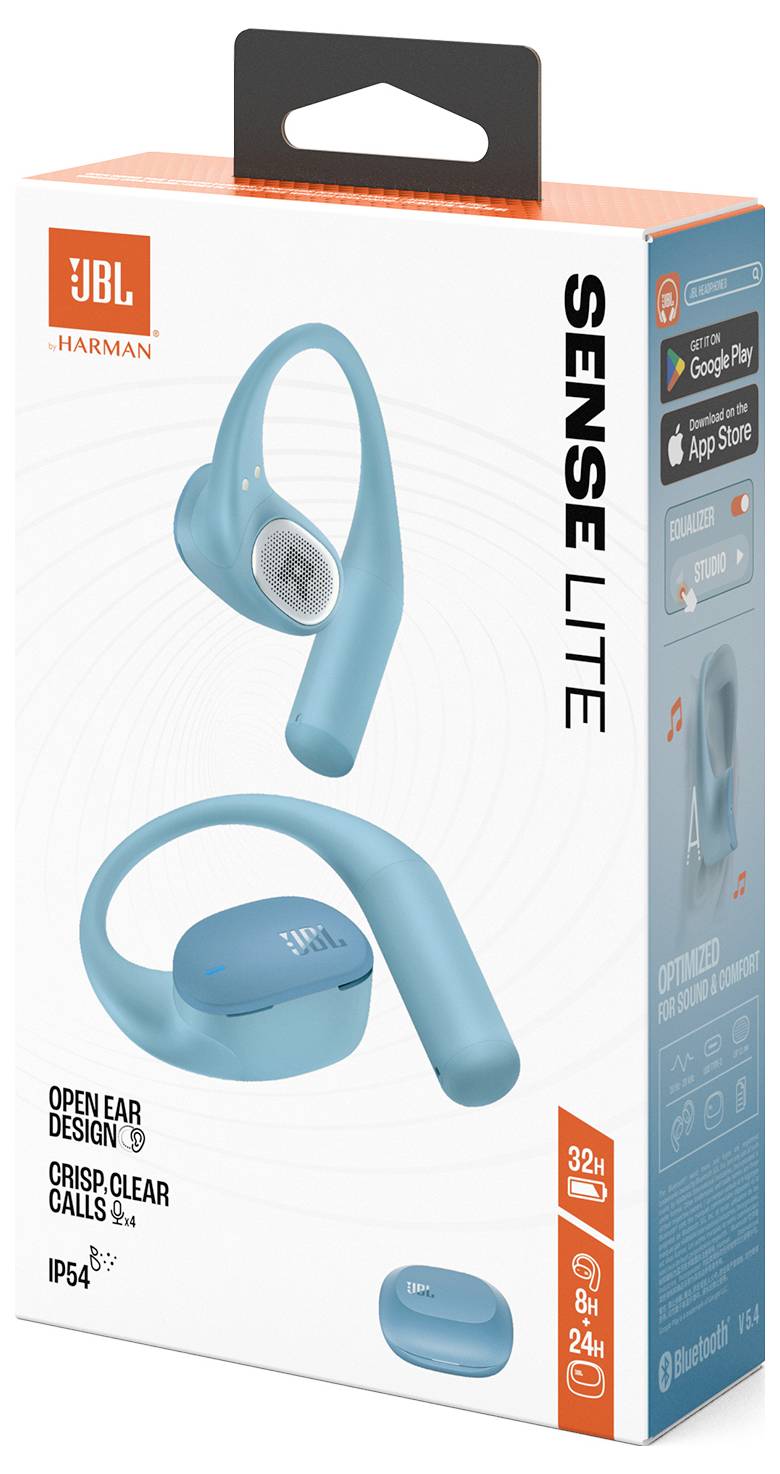 Verpackung der JBL Sense Lite Ohrhörer mit offenem Ohreinsatz, IP54-Schutzklasse, 32-Stunden-Akkulaufzeit und Bluetooth-Konnektivität.