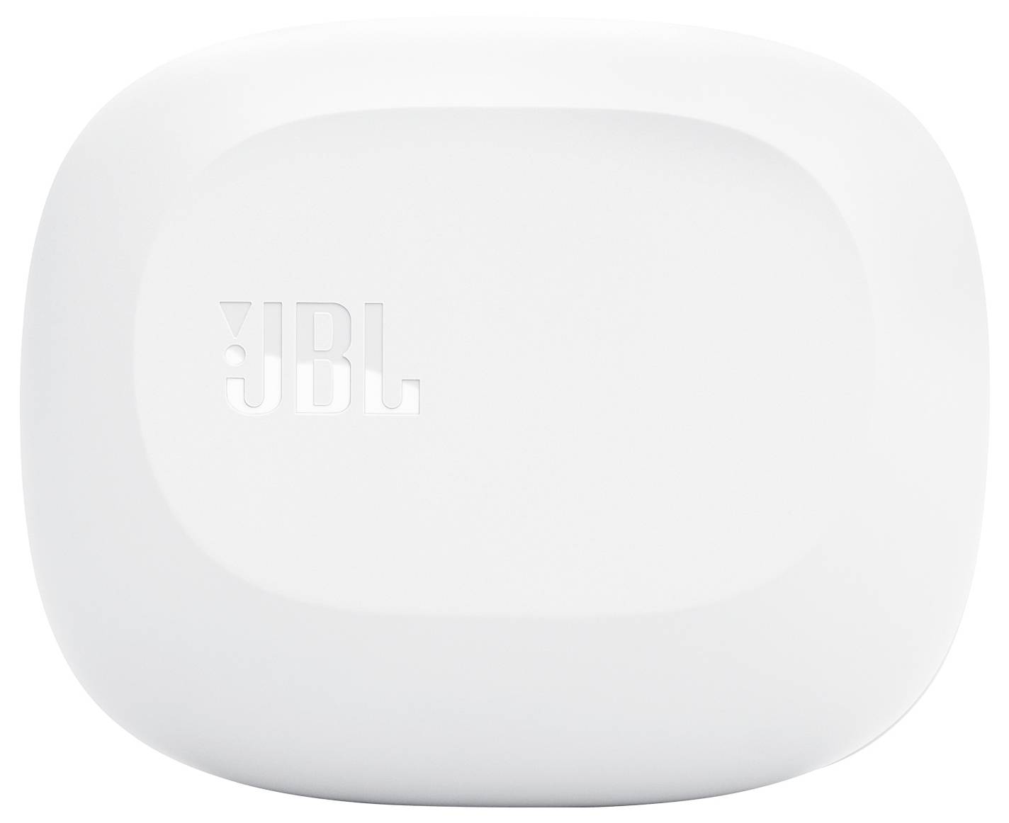 Eine weiße rechteckige drahtlose Ohrhörer-Ladebox mit dem auf der Oberseite geprägten 'JBL' Logo.