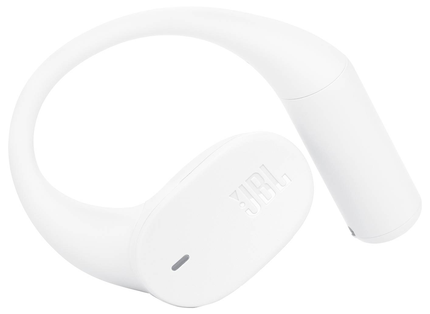 Ein weißer Nackenbügel-Bluetooth-Lautsprecher mit dem 'JBL' Logo, der ein kompaktes, geschwungenes Design aufweist.