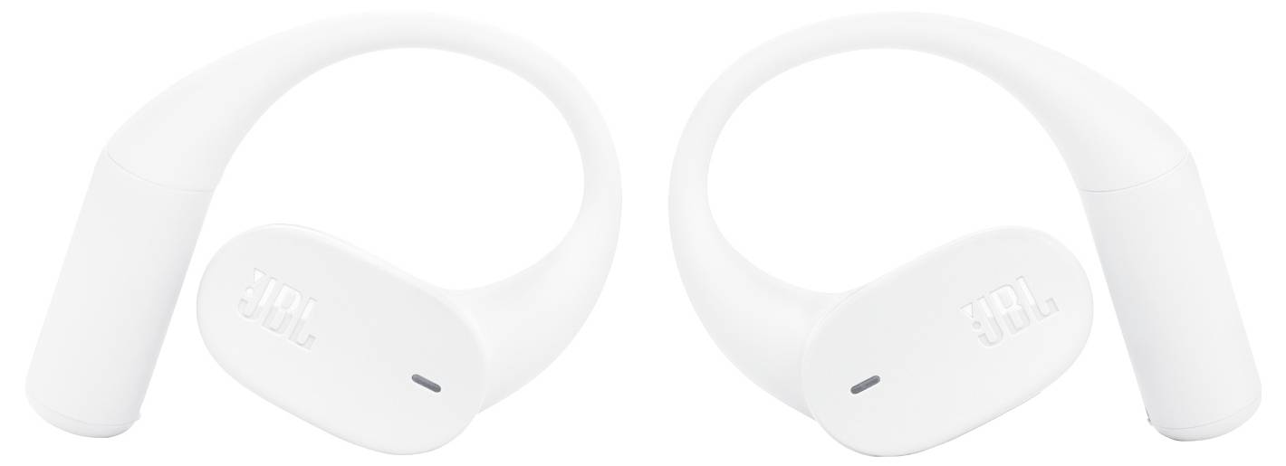 Kabellose weiße Ohrhörer mit Schleifendesign, mit dem 'JBL' Logo auf jedem Hörer.