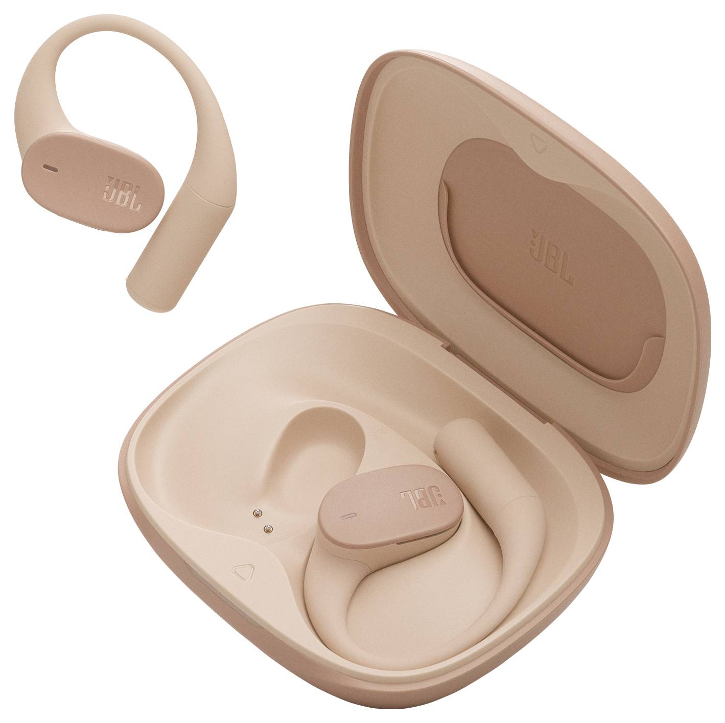 Pfirsichfarbene drahtlose Kopfhörer von JBL, die in einem offenen Ladeetui gezeigt werden. Ein Kopfhörer wird auch separat dargestellt.