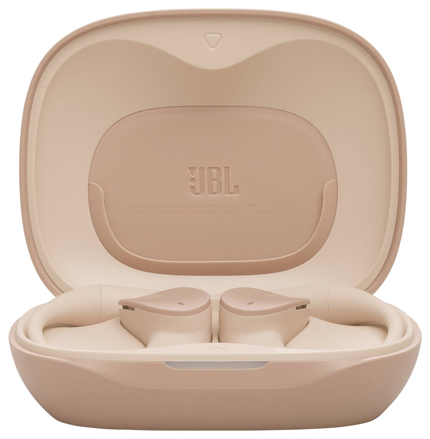 JBL-Marke kabellose Ohrhörer in einem Ladeetui in rosa Farbe, wobei das Etui geöffnet ist und die Ohrhörer sicher im Inneren platziert sind.