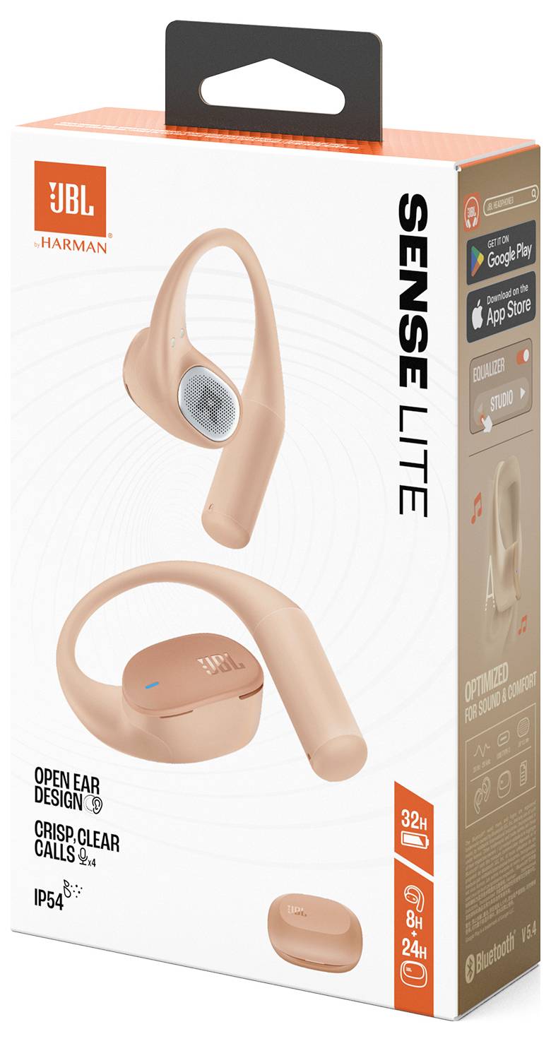 Eine Box mit JBL Sense Lite Kopfhörern mit Details: 'Open Ear Design', 'Kristallklare Anrufe', 'IP54', 32 Stunden Akkulaufzeit, App-Support-Logos.