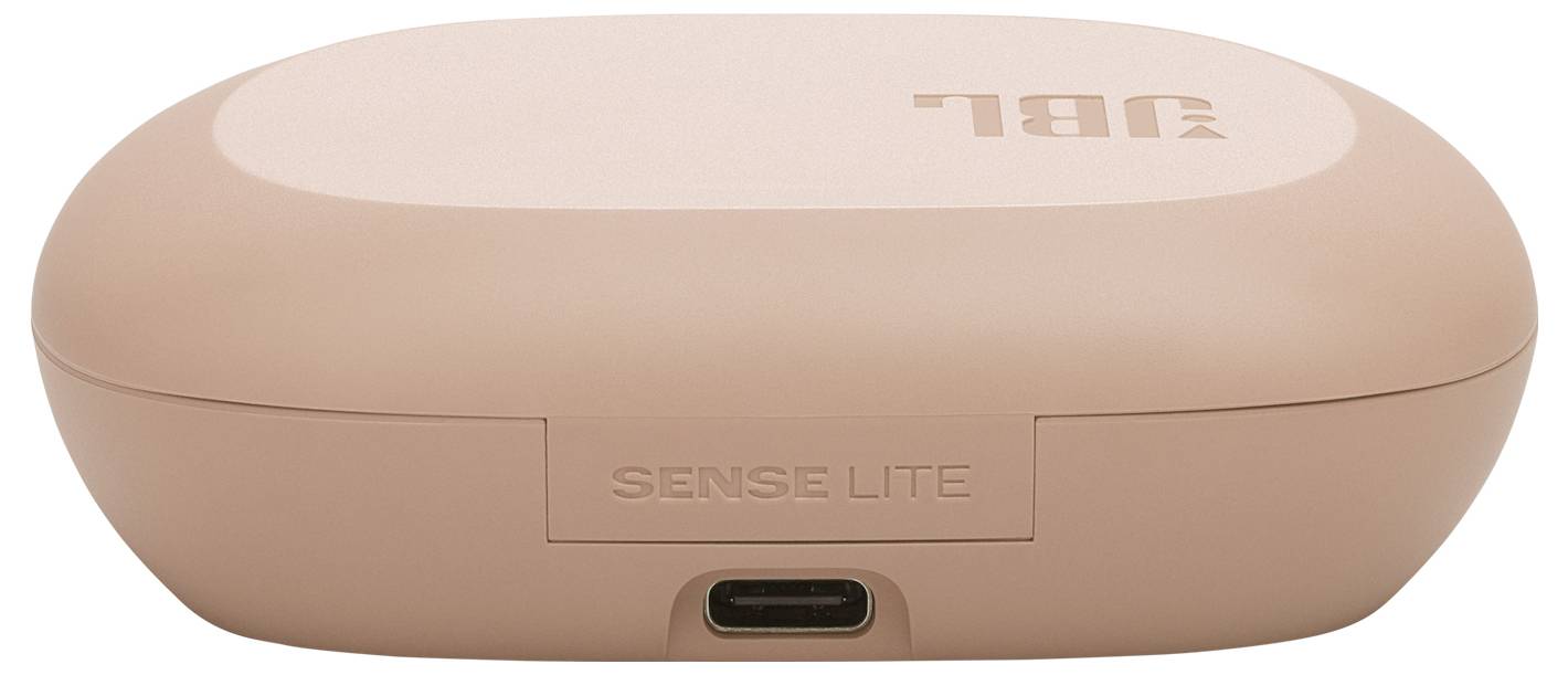 Pinke Ohrhörer-Ladehülle mit 'JBL' Logo oben und 'Sense Lite' Schriftzug in der Nähe eines USB-C-Anschlusses.