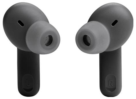Schwarze kabellose Ohrhörer mit 'L'- und 'R'-Markierungen, die die linke und rechte Seite kennzeichnen.