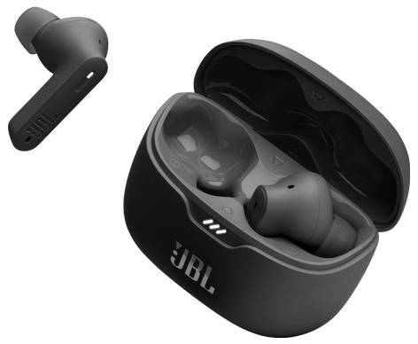 Schwarze JBL kabellose Ohrhörer mit Ladeetui, die ein schlankes Design und kompakte Abmessungen präsentieren.