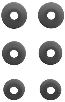 Sechs schwarze kreisförmige Objekte mit Mittellöchern, in zwei vertikalen Spalten und drei horizontalen Reihen auf einem weißen Hintergrund angeordnet.